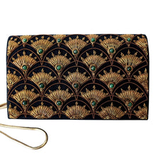 Load image into Gallery viewer, Art Deco inspired luxury black velvet evening clutch bag embroidered with peacock feather pattern or fish scale pattern in antique gold color and embellished with jade gemstones, formal clutch, black and gold zardozi purse.