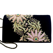 Load image into Gallery viewer, Black velvet luxury evening clutch bag embroidered with two large pink and orange flowers on the bias and embellished with genuine gemstones, floral wedding clutch, black and pink and orange zardozi purse.