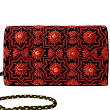 Load image into Gallery viewer, Black velvet handbag embroidered with red metallic flowers in geometric pattern and inlaid with gemstones BoutiqueByMariam.
