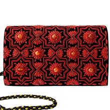 Load image into Gallery viewer, Luxury black velvet evening clutch bag embroidered with geometric pattern of eight sided red stars and red flowers embellished with genuine gemstones, Christmas clutch, red and black zardozi purse.