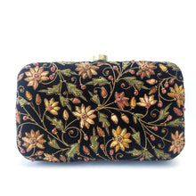 Load image into Gallery viewer, Black velvet hard case clutch embroidered with caramel flowers BoutiqueByMariam.