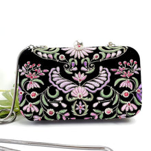 Load image into Gallery viewer, Black velvet hard case clutch embroidered with lavender Wings of Isis pattern outlined in silver metallic threads BoutiqueByMariam.