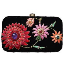 Load image into Gallery viewer, Black velvet hard case clutch embroidered with multicolor flowers inlaid with amethyst gemstone BoutiqueByMariam.
