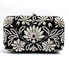 Load image into Gallery viewer, Black velvet hard case clutch embroidered with silver and white lotus flower inlaid with amethyst stone BoutiqueByMariam.