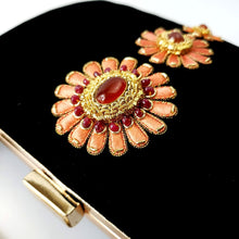 Load image into Gallery viewer, Black velvet hard case clutch with orange flowers and agate and ruby gemstones BoutiqueByMariam.