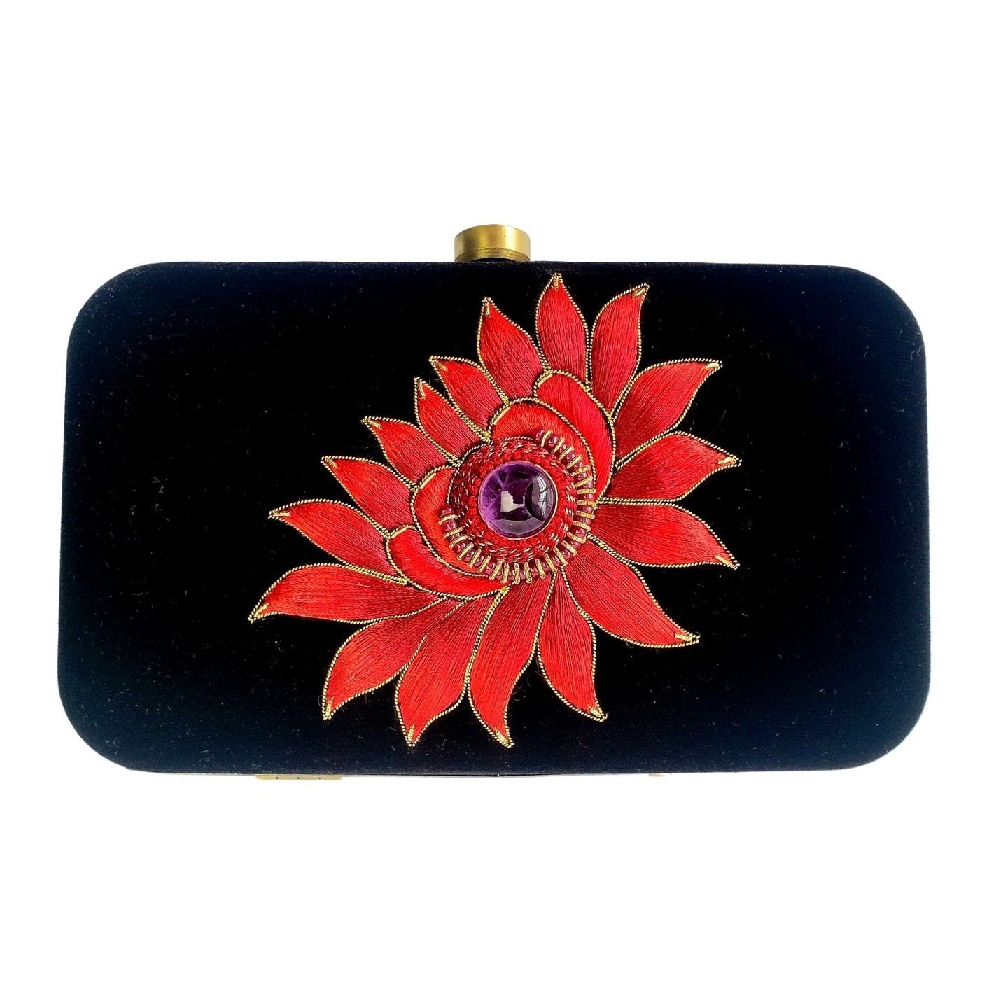 Black velvet hard case clutch with red flower and amethyst gemstone, BoutiqueByMariam. 