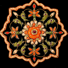 Load image into Gallery viewer, Black velvet square keepsake box embroidered with orange medallion and ruby gemstones BoutiqueByMariam. 
