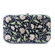 Load image into Gallery viewer, Black velvet metal frame clutch embroidered with gray flowers BoutiqueByMariam.