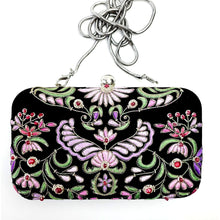Load image into Gallery viewer, Black velvet minaudiere embroidered with lavender purple and pink Wings of Isis pattern BoutiqueByMariam.