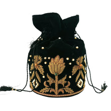 Load image into Gallery viewer, Black velvet potli bag drawstring pouch embroidered with bronze zardozi and beads BoutiqueByMariam.
