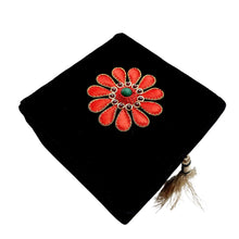 Load image into Gallery viewer, Black velvet small keepsake box embroidered with red squash blossom flower BoutiquebyMariam.
