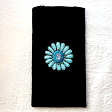 Load image into Gallery viewer, Black velvet soft eyeglasses sunglasses case embroidered with turquoise blue squash blossom flower BoutiqueByMariam.