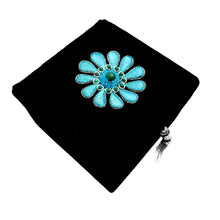 Load image into Gallery viewer, Black velvet square keepsake box embroidered with turquoise blue squash blossom flower BoutiqueByMariam.
