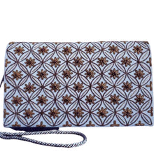 Load image into Gallery viewer, Luxury blue gray velvet evening clutch bag embroidered with antique gold geometric circle pattern with small flowers and embellished with genuine garnet gemstones, formal clutch, gold and grey zardozi purse.