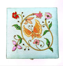 Load image into Gallery viewer, Blue keepsake box embroidered with orange butterfly BoutiqueByMariam.
