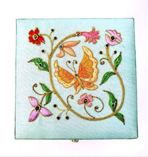 Load image into Gallery viewer, Blue keepsake box embroidered with orange butterfly BoutiqueByMariam.