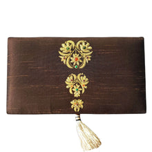Load image into Gallery viewer, Brown silk jewelry storage box embroidered with gold BoutiqueByMariam.
