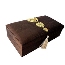 Load image into Gallery viewer, Brown silk jewelry storage box with gold embroidery BoutiqueByMariam.