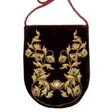 Load image into Gallery viewer, Brown velvet crossbody bag embroidered with flowers and vines in gold, zardozi purse, BoutiqueByMariam.