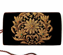 Load image into Gallery viewer, Brown velvet and copper embroidered floral wreath clutch BoutiqueByMariam.

