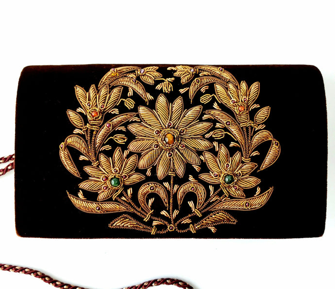 Brown velvet and copper embroidered floral wreath clutch BoutiqueByMariam.
