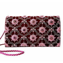 Load image into Gallery viewer, Luxury burgundy red velvet evening clutch bag embroidered with silver arabesque arches and pink flowers and embellished with genuine tiger eye and garnet gemstones, formal clutch, red and gold zardozi purse.