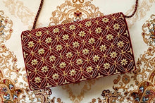 Load image into Gallery viewer, Luxury red evening clutch bag embroidered with yellow gold geometric circle pattern with small flowers and embellished with genuine garnet gemstones, formal clutch, gold and red zardozi purse.