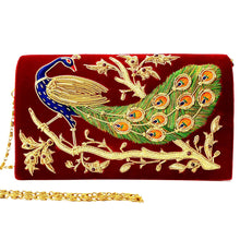 Load image into Gallery viewer, Burgundy red velvet evening bag embroidered with peacock BoutiquebyMariam.
