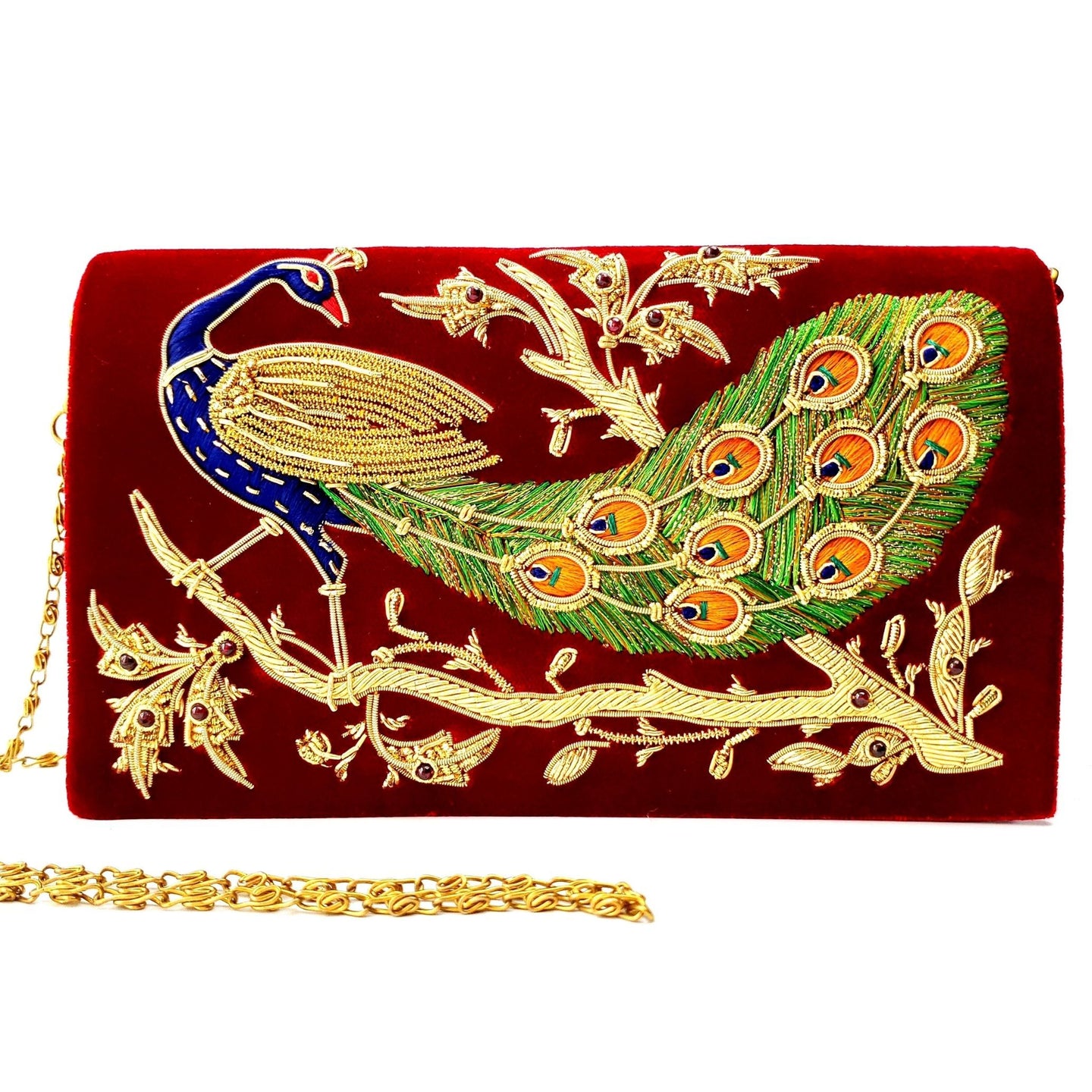 Burgundy red velvet evening bag embroidered with peacock BoutiquebyMariam.