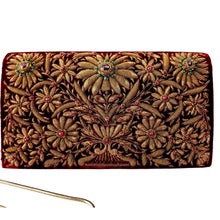 Load image into Gallery viewer, Burgundy velvet and copper embroidered floral luxury evening bag BoutiqueByMariam.