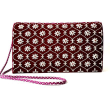 Load image into Gallery viewer, Luxury burgundy red velvet evening clutch bag embroidered in a white silver geometric diamond trellis pattern with small flowers embellished with genuine garnet gemstones, wedding clutch, red and silver zardozi purse.