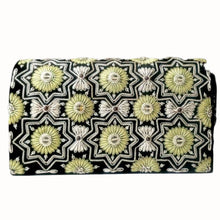 Load image into Gallery viewer, Luxury black velvet evening clutch bag embroidered with geometric pattern of eight sided silver stars and chartreuse green flowers embellished with genuine quartz and garnet gemstones, formal clutch, silver green and black zardozi purse.