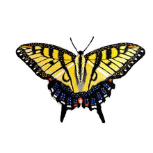 Load image into Gallery viewer, Hand embroidered yellow swallowtail butterfly, close up.