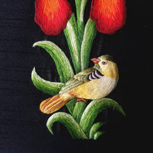 Load image into Gallery viewer, Close up of hand embroidered bird sitting on red iris flower.