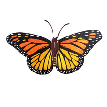 Load image into Gallery viewer, Close up of hand embroidered orange monarch butterfly using silk shading technique.