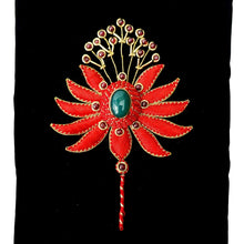 Load image into Gallery viewer, Hand embroidered small crossbody bag with red silk flower on black velvet, inlaid with green onyx and garnet gemstones, zari work, close up view.