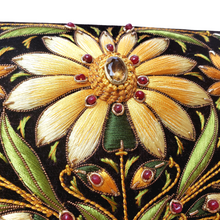 Load image into Gallery viewer, Close up view embroidered yellow flower with citrine gemstone BoutiqueByMariam.
