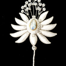 Load image into Gallery viewer, Luxury hand embroidered eye glasses or sun glasses case or phone sleeve on black velvet, with moonstone, close up view.