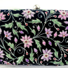 Load image into Gallery viewer, Luxury navy velvet box clutch minaudiere embroidered with lavender purple and silk flowers and embellished with rubies., close up view. 
