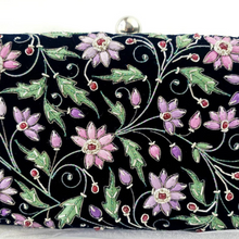 Load image into Gallery viewer, Luxury navy velvet box clutch minaudiere embroidered with lavender purple and silk flowers and embellished with rubies., close up view.