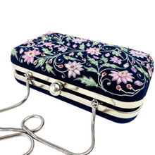 Load image into Gallery viewer, Luxury navy velvet box clutch minaudiere embroidered with lavender purple and silk flowers and embellished with rubies.