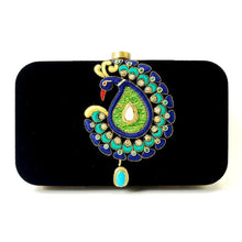 Load image into Gallery viewer, Luxury hand embroidered peacock black velvet clutch minaudiere with turquoise stone and moonstone, zardozi purse.