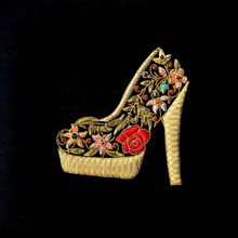 Load image into Gallery viewer, Black silk keepsake box for her embroidered with women's fashion shoe in floral design and gold, zardozi box.