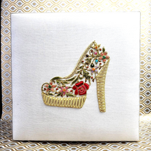 Load image into Gallery viewer, White silk wedding keepsake box hand embroidered with red and gold designer shoe, zardozi bo