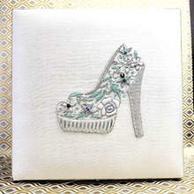 Load image into Gallery viewer, White silk wedding box embroidered with white and silver designer shoe.