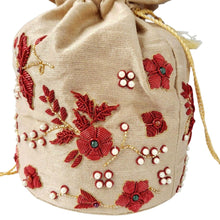 Load image into Gallery viewer, Luxury hand embroidered Indian potli bag drawstring pouch bag with red flowers, zardozi, close up view. 
