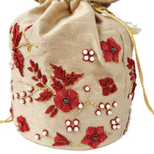 Load image into Gallery viewer, Luxury hand embroidered Indian potli bag drawstring pouch bag with red flowers, zardozi, close up view.