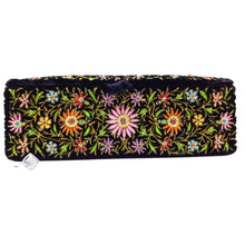 Load image into Gallery viewer, Hand embroidered black velvet jewelry storage box with multicolor flowers and star rubies, side view. 

