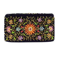 Load image into Gallery viewer, Hand embroidered black velvet jewelry storage box with multicolor flowers and star rubies, end view.
