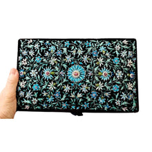 Load image into Gallery viewer, Luxury black velvet jewelry storage box embroidered all over with blue flowers, rubies and semi precious gemstones,  zardozi box.